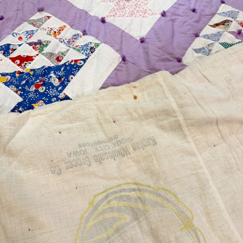 Vintage Handmade Basket Quilt Flour Feed Sack Backing Purple Scrap Quilt 82 x 72 - Picture 7 of 9